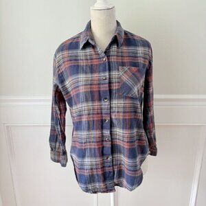 Love Notes Blue & Rust Plaid Flannel Button-Down Shirt Size S